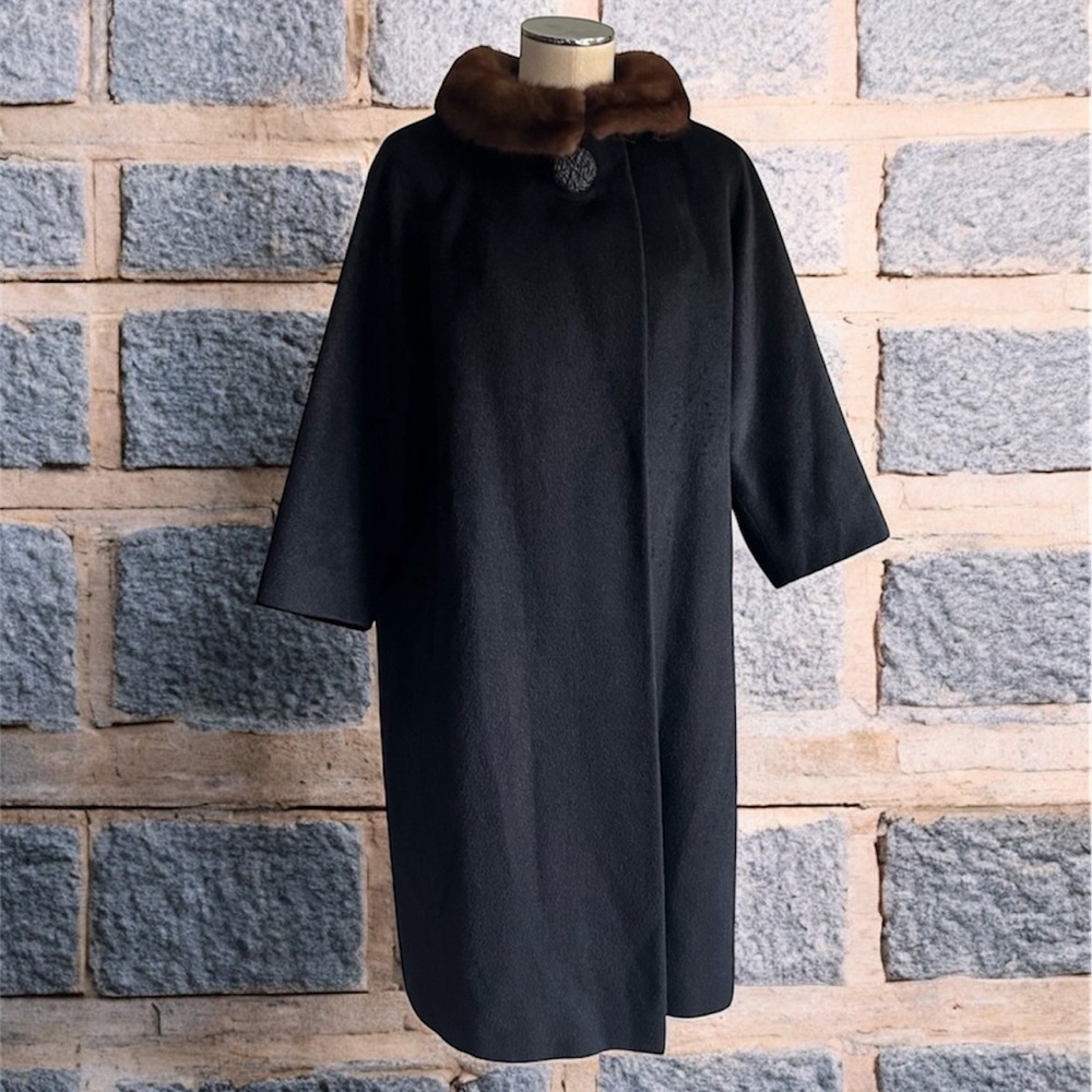 Vintage 60s L.C.Mae California Black Wool Swing Coat Mink Collar Sz M / L MOD